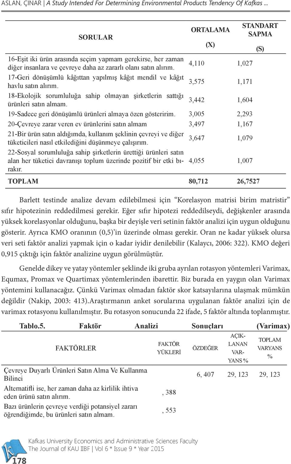 Eğer sıfır hipotezi reddedilseydi, değişkenler arasında yüksek korelasyonlar olduğunu, başka bir deyişle veri setinin faktör analizi için uygun olduğunu gösterir.