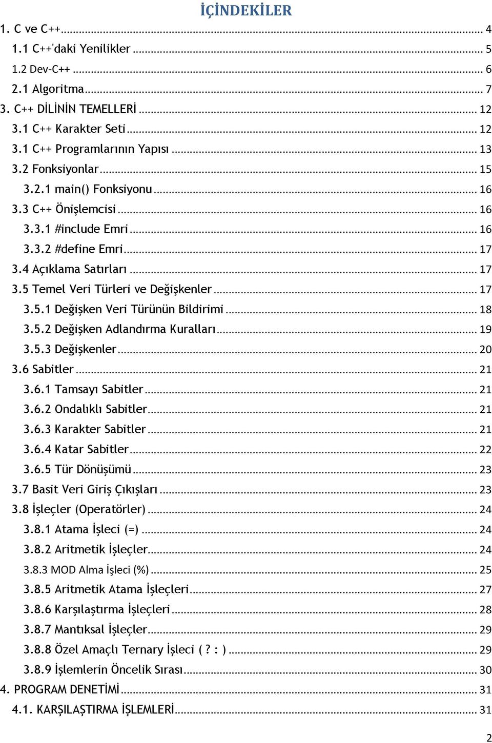 .. 17 3.5.1 Değişken Veri Türünün Bildirimi... 18 3.5.2 Değişken Adlandırma Kuralları... 19 3.5.3 Değişkenler... 20 3.6 Sabitler... 21 3.6.1 Tamsayı Sabitler... 21 3.6.2 Ondalıklı Sabitler... 21 3.6.3 Karakter Sabitler.