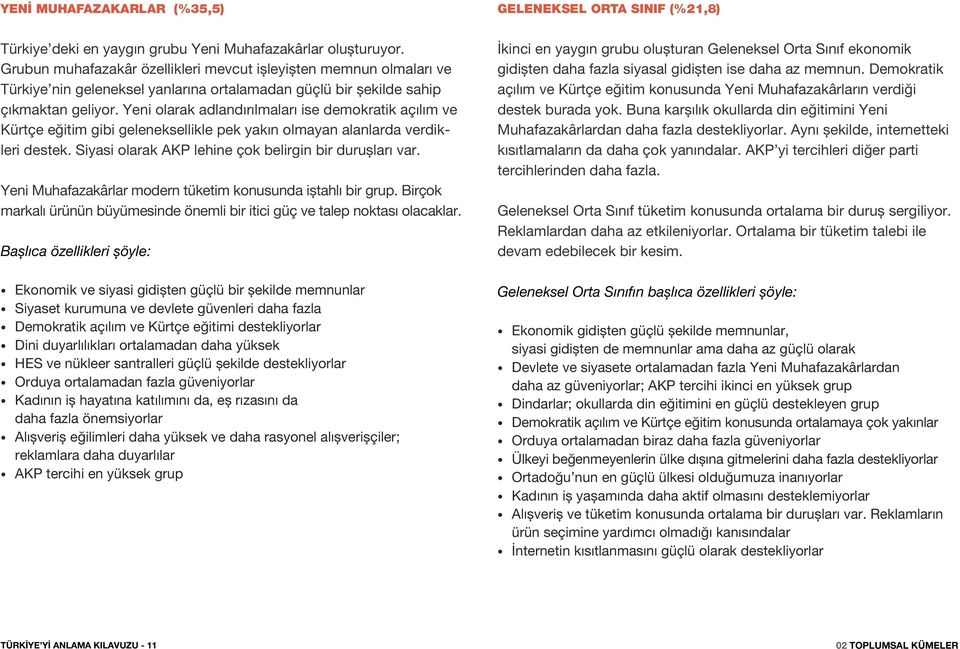 Yeni olarak adlandırılmaları ise demokratik açılım ve Kürtçe eğitim gibi geleneksellikle pek yakın olmayan alanlarda verdikleri destek. Siyasi olarak AKP lehine çok belirgin bir duruşları var.