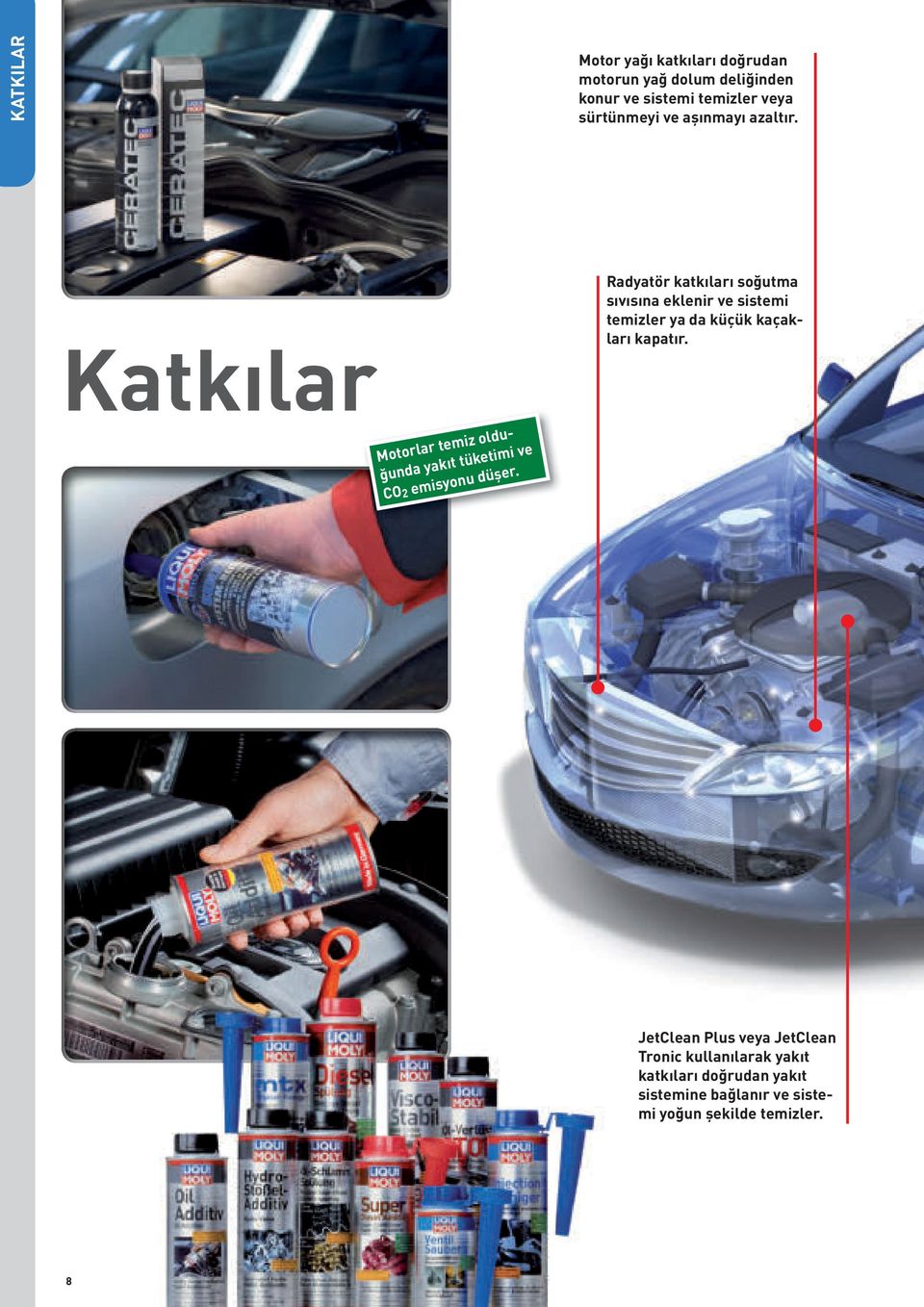 Katkılar Radyatör katkıları soğutma sıvısına eklenir ve sistemi temizler ya da küçük kaçakları kapatır.