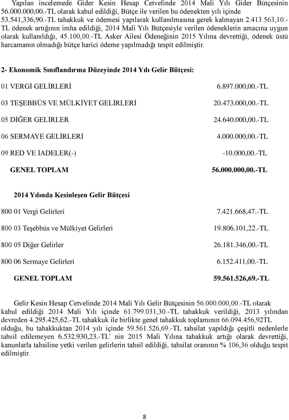 100,00.-TL Asker Ailesi Ödeneğinin 2015 Yılına devrettiği, ödenek üstü harcamanın olmadığı bütçe harici ödeme yapılmadığı tespit edilmiģtir.