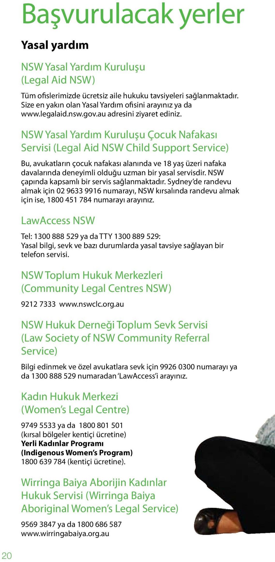 NSW Yasal Yardım Kuruluşu Çocuk Nafakası Servisi (Legal Aid NSW Child Support Service) Bu, avukatların çocuk nafakası alanında ve 18 yaş üzeri nafaka davalarında deneyimli olduğu uzman bir yasal