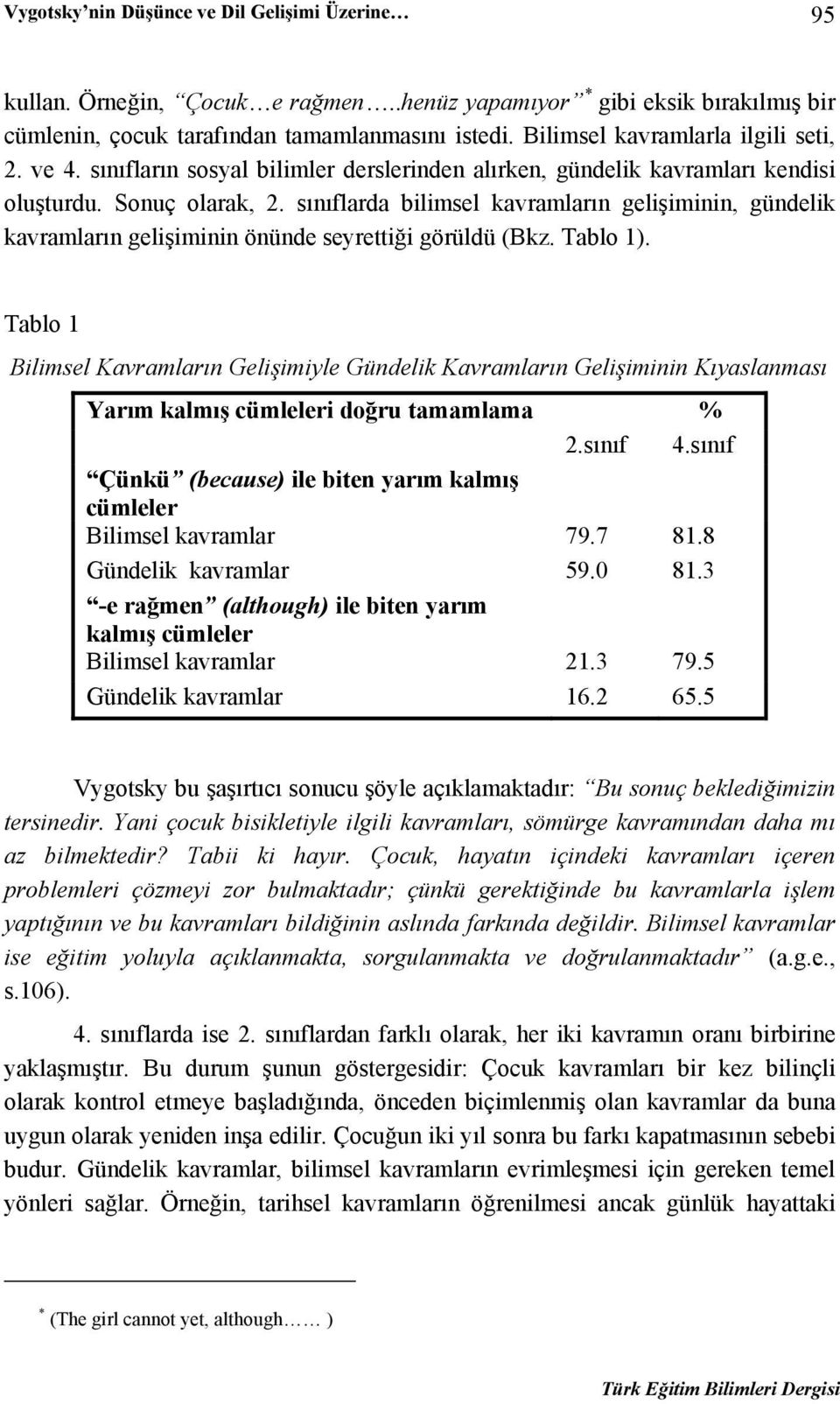 sınıflarda bilimsel kavramların gelişiminin, gündelik kavramların gelişiminin önünde seyrettiği görüldü (Bkz. Tablo 1).