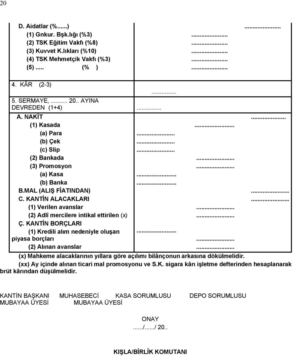 KANTİN ALACAKLARI (1) Verilen avanslar (2) Adlî mercilere intikal ettirilen (x) Ç. KANTİN BORÇLARI (1) Kredili alım nedeniyle oluşan piyasa borçları (2) Alınan avanslar.