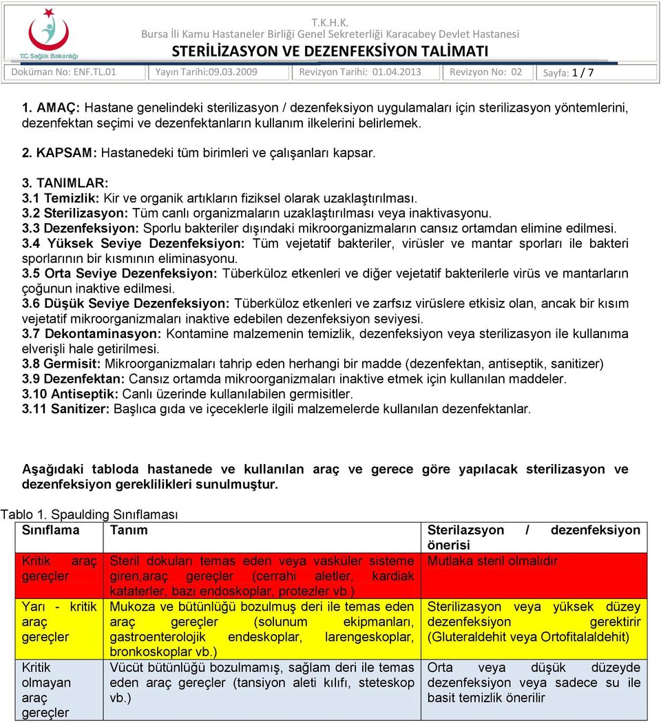 KAPSAM: Hastanedeki tüm birimleri ve çalışanları kapsar. 3. TANIMLAR: 3.1 Temizlik: Kir ve organik artıkların fiziksel olarak uzaklaştırılması. 3.2 Sterilizasyon: Tüm canlı organizmaların uzaklaştırılması veya inaktivasyonu.