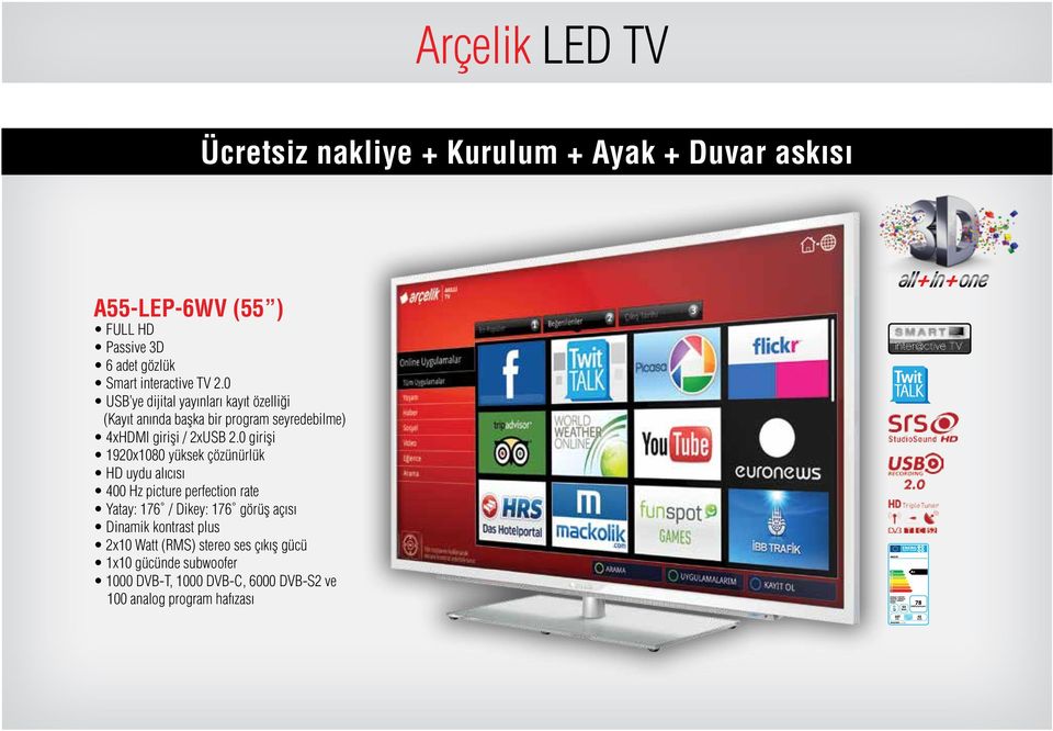 0 girişi 190x80 yüksek çözünürlük HD uydu alıcısı 400 Hz picture perfection rate Yatay: 176 / Dikey: 176 görüş açısı