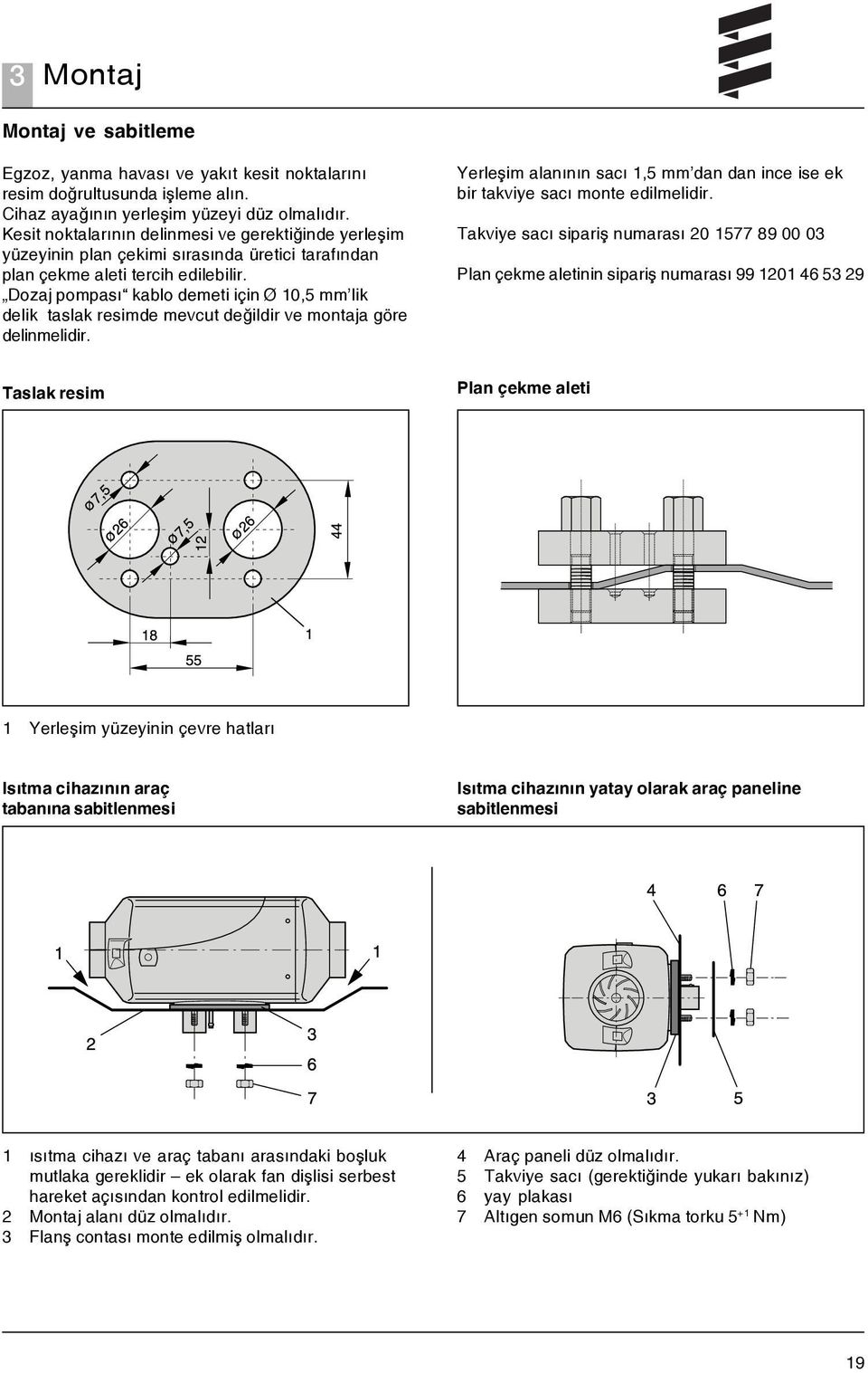 Dozaj pompasý kablo demeti için Ø 10,5 mm lik delik taslak resimde mevcut deðildir ve montaja göre delinmelidir. Yerleþim alanýnýn sacý 1,5 mm dan dan ince ise ek bir takviye sacý monte edilmelidir.