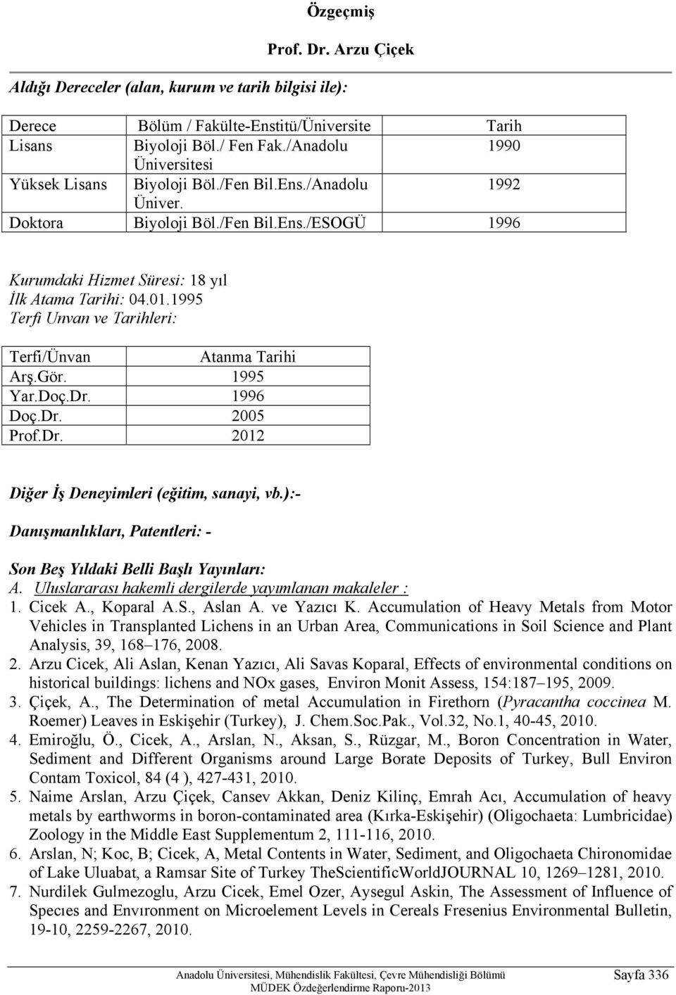 1995 Terfi Unvan ve Tarihleri: Terfi/Ünvan Atanma Tarihi Arş.Gör. 1995 Yar.Doç.Dr. 1996 Doç.Dr. 2005 Prof.Dr. 2012 Diğer İş Deneyimleri (eğitim, sanayi, vb.