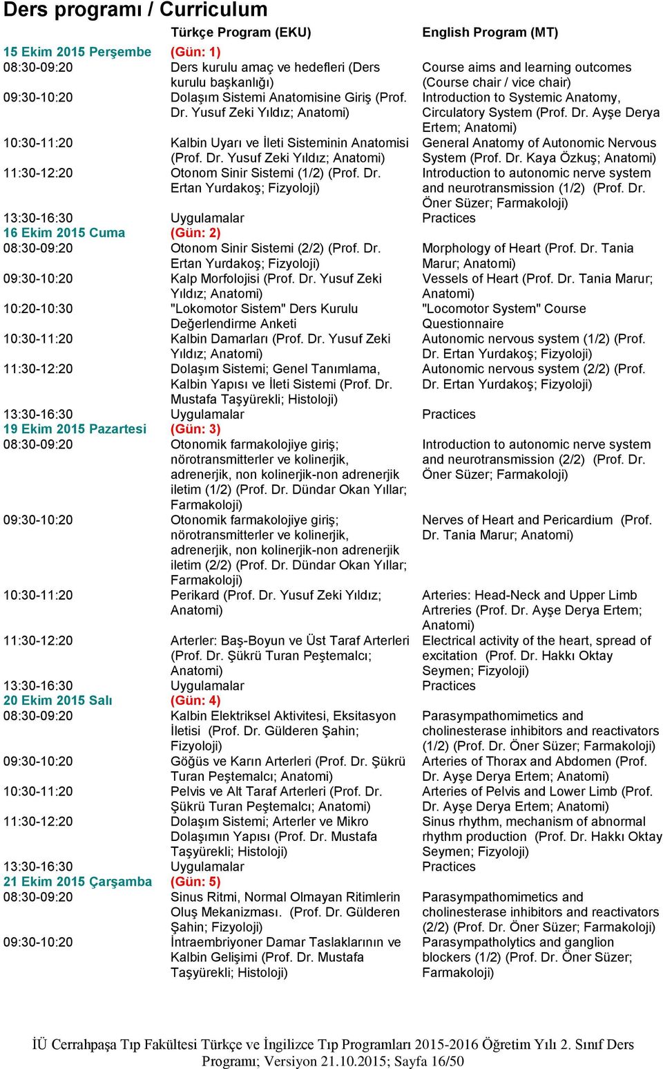 Dr. Yusuf Zeki Yıldız; Anatomi) General Anatomy of Autonomic Nervous System (Prof. Dr. Kaya Özkuş; Anatomi) 11:30-12:20 Otonom Sinir Sistemi (1/2) (Prof. Dr. Ertan Yurdakoş; Introduction to autonomic nerve system and neurotransmission (1/2) (Prof.