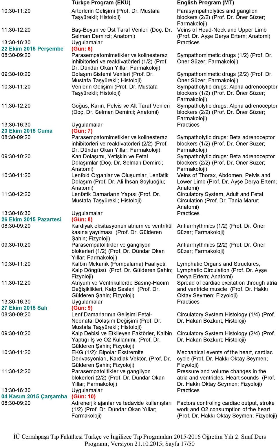 Selman Demirci; Anatomi) 22 Ekim 2015 Perşembe (Gün: 6) 08:30-09:20 Parasempatomimetikler ve kolinesteraz inhibitörleri ve reaktivatörleri (1/2) (Prof. Dr.