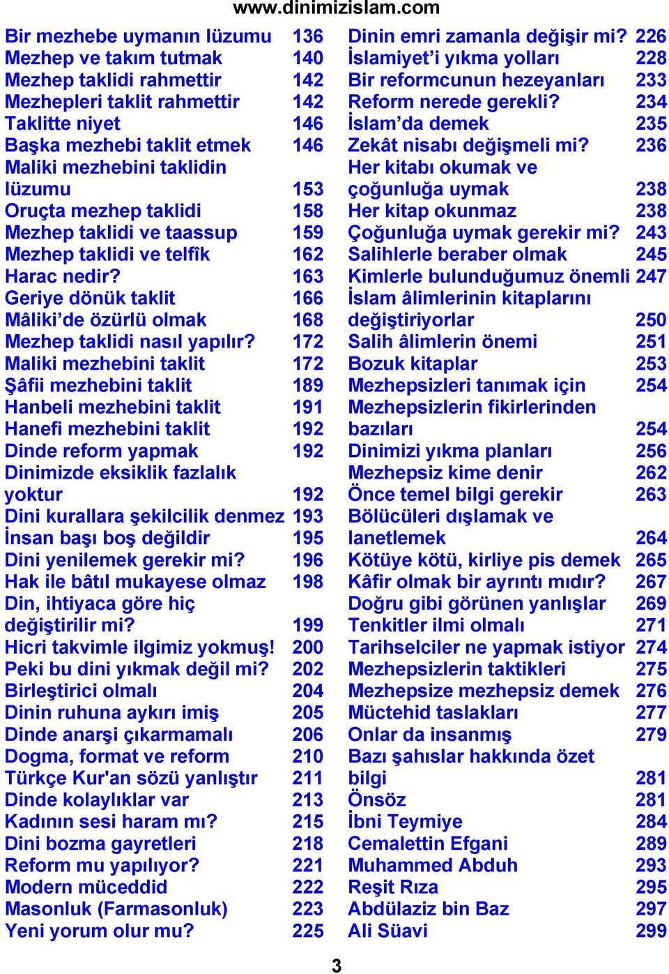 172 Maliki mezhebini taklit 172 Şâfii mezhebini taklit 189 Hanbeli mezhebini taklit 191 Hanefi mezhebini taklit 192 Dinde reform yapmak 192 Dinimizde eksiklik fazlalık yoktur 192 Dini kurallara