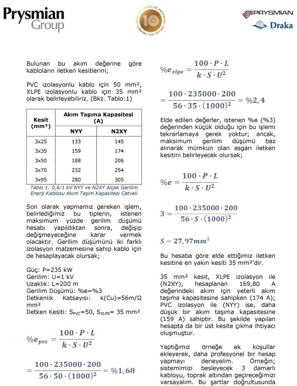 ancak, maksimum gerilim düşümü baz alınarak mümkün olan asgari iletken kesitini belirleyecek olursak; 3x70 232 254 3x95 280 305 Tablo 1: 0,6/1 kv NYY ve N2XY Alçak Gerilim Enerji Kablosu Akım Taşım