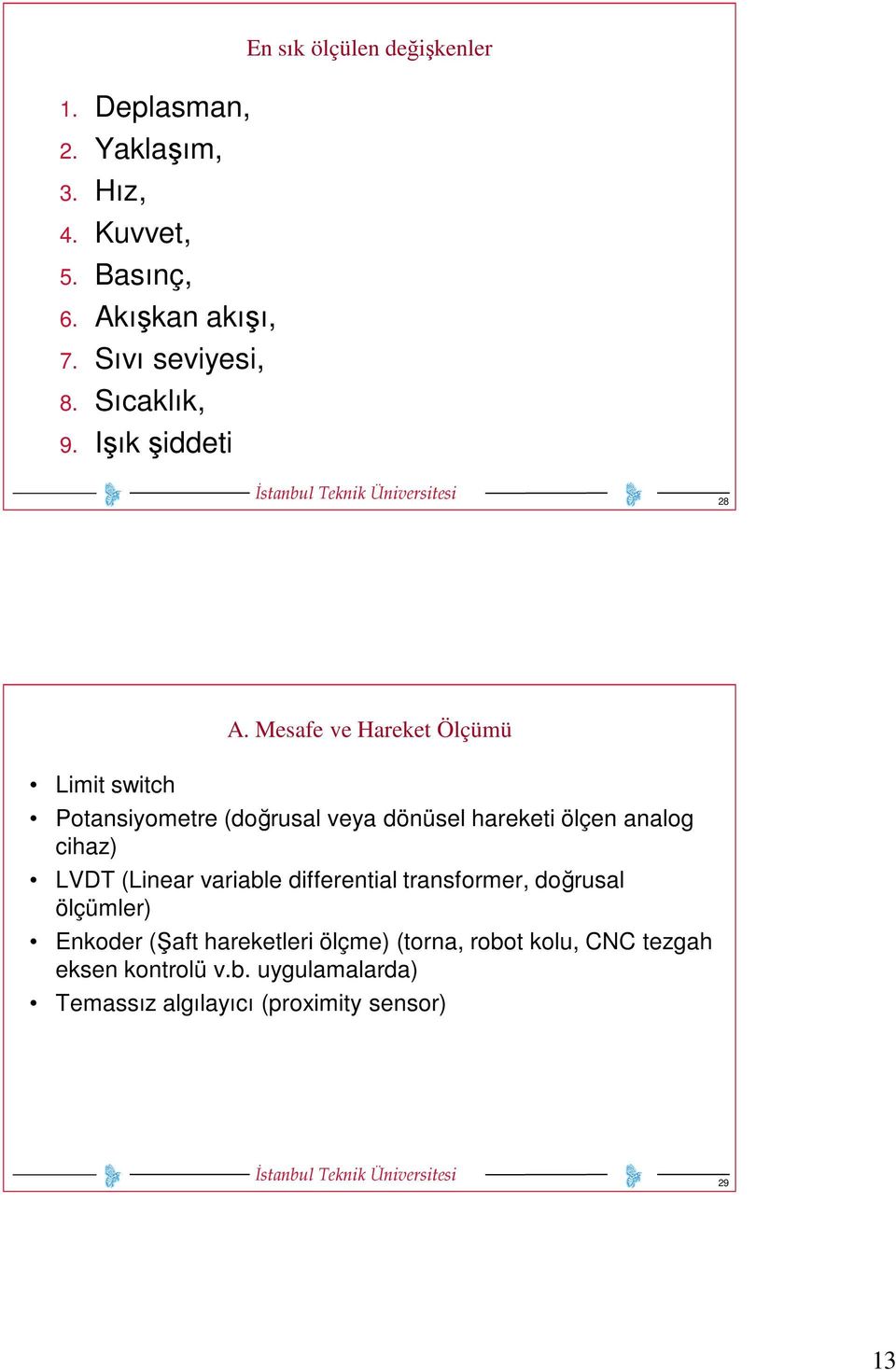 Mesafe ve Hareket Ölçümü Limit switch Potansiyometre (doğrusal veya dönüsel hareketi ölçen analog cihaz) LVDT (Linear