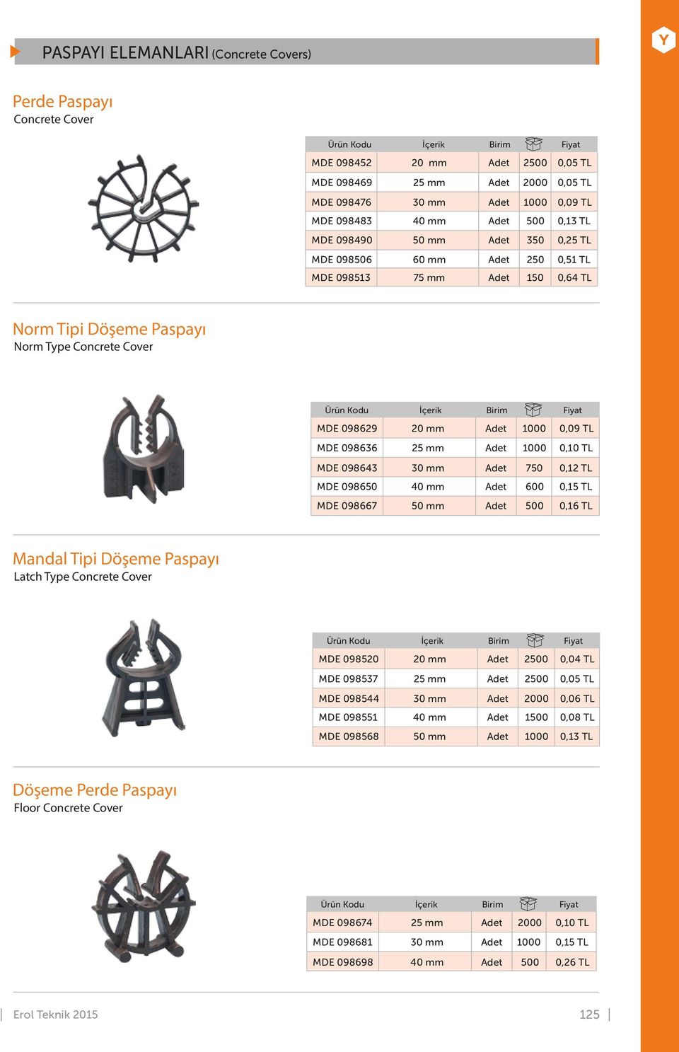 1000 0,09 TL MDE 098636 25 mm Adet 1000 0,10 TL MDE 098643 30 mm Adet 750 0,12 TL MDE 098650 40 mm Adet 600 0,15 TL MDE 098667 50 mm Adet 500 0,16 TL Mandal Tipi Döşeme Paspayı Latch Type Concrete