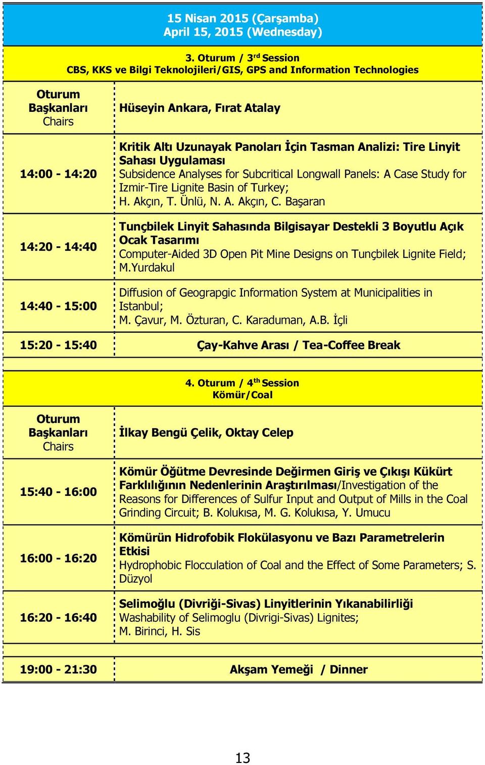 Panoları İçin Tasman Analizi: Tire Linyit Sahası Uygulaması Subsidence Analyses for Subcritical Longwall Panels: A Case Study for Izmir-Tire Lignite Basin of Turkey; H. Akçın, T. Ünlü, N. A. Akçın, C.