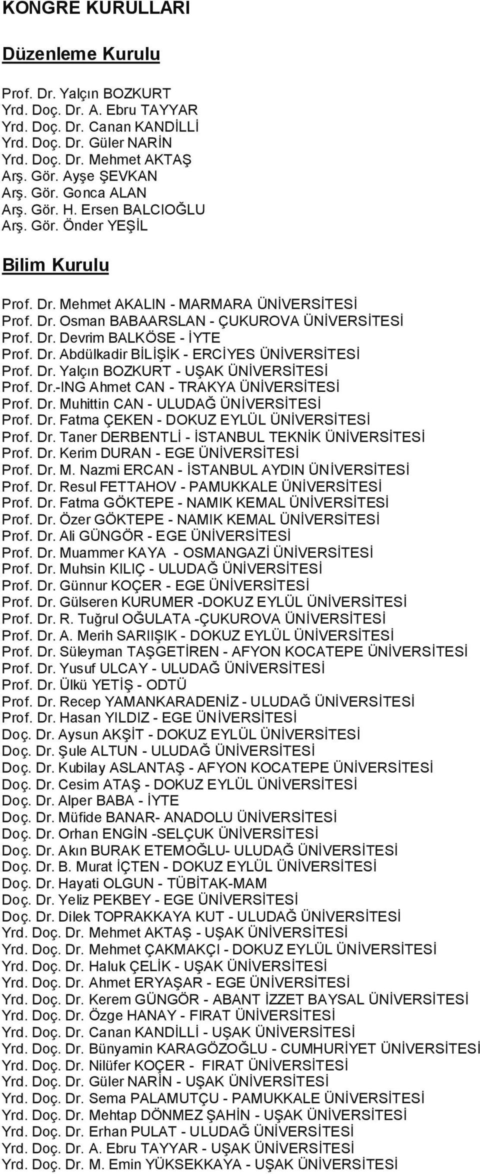 Dr. Abdülkadir BİLİŞİK - ERCİYES ÜNİVERSİTESİ Prof. Dr. Yalçın BOZKURT - UŞAK ÜNİVERSİTESİ Prof. Dr.-ING Ahmet CAN - TRAKYA ÜNİVERSİTESİ Prof. Dr. Muhittin CAN - ULUDAĞ ÜNİVERSİTESİ Prof. Dr. Fatma ÇEKEN - DOKUZ EYLÜL ÜNİVERSİTESİ Prof.