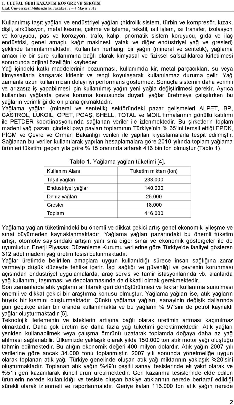 Kullanılan herhangi bir yağın (mineral ve sentetik), yağlama amacı ile bir süre kullanımına bağlı olarak kimyasal ve fiziksel safsızlıklarca kirletilmesi sonucunda orijinal özelliğini kaybeder.