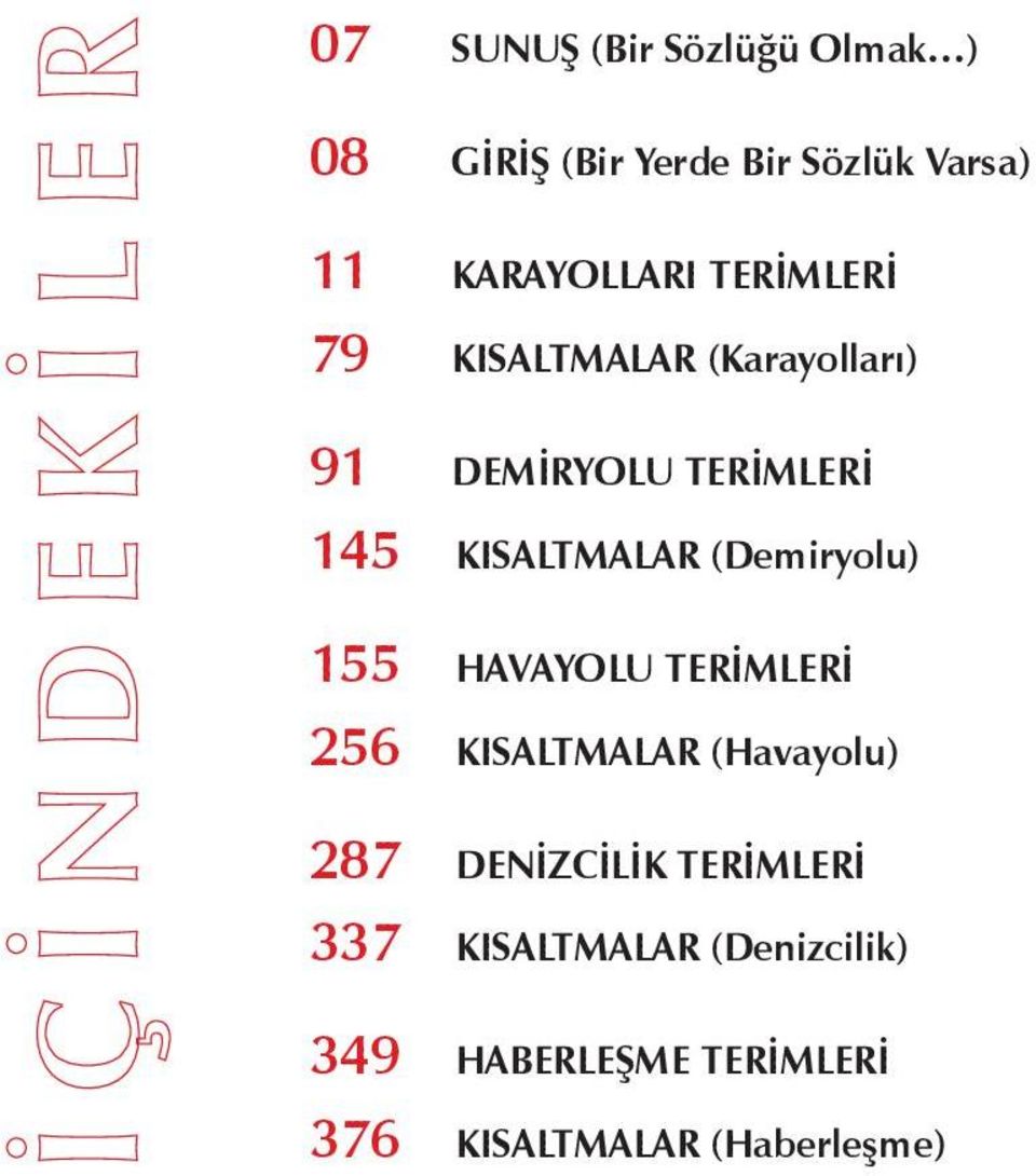 (Demiryolu) 155 HAVAYOLU TERİMLERİ 256 KISALTMALAR (Havayolu) 287 DENİZCİLİK