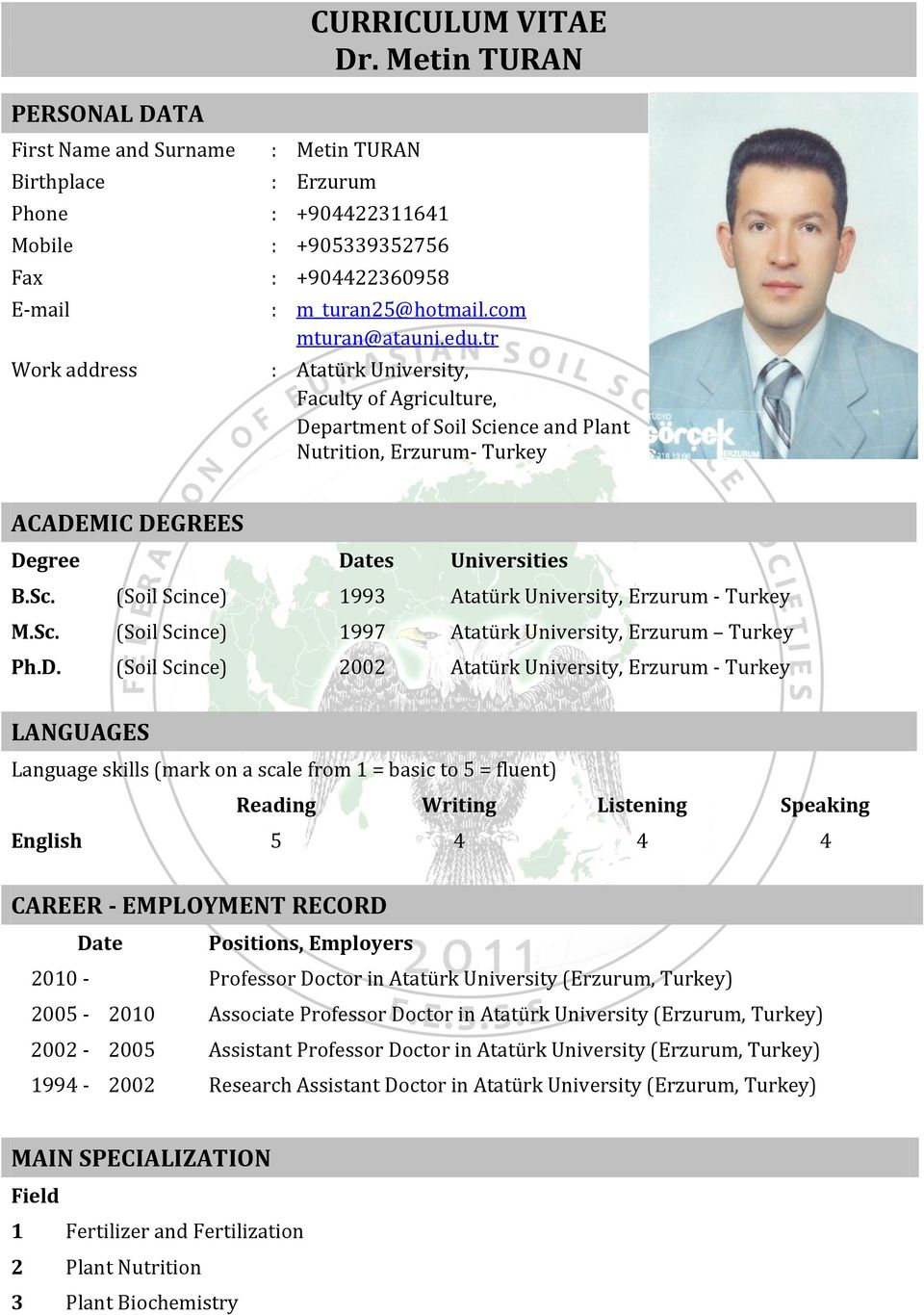 Sc. (Soil Scince) 1997 Atatürk University, Erzurum Turkey Ph.D.