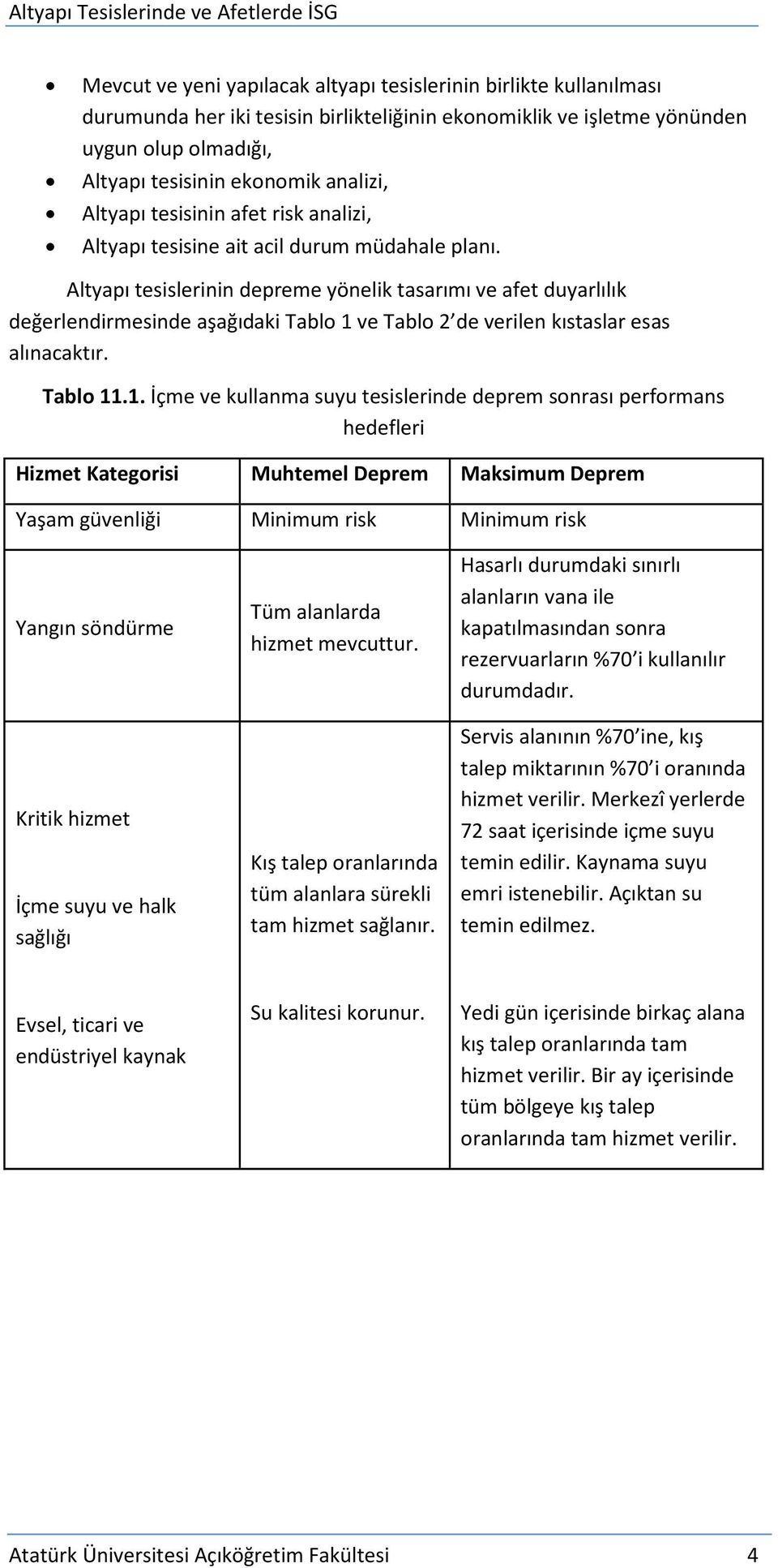 Altyapı tesislerinin depreme yönelik tasarımı ve afet duyarlılık değerlendirmesinde aşağıdaki Tablo 1 