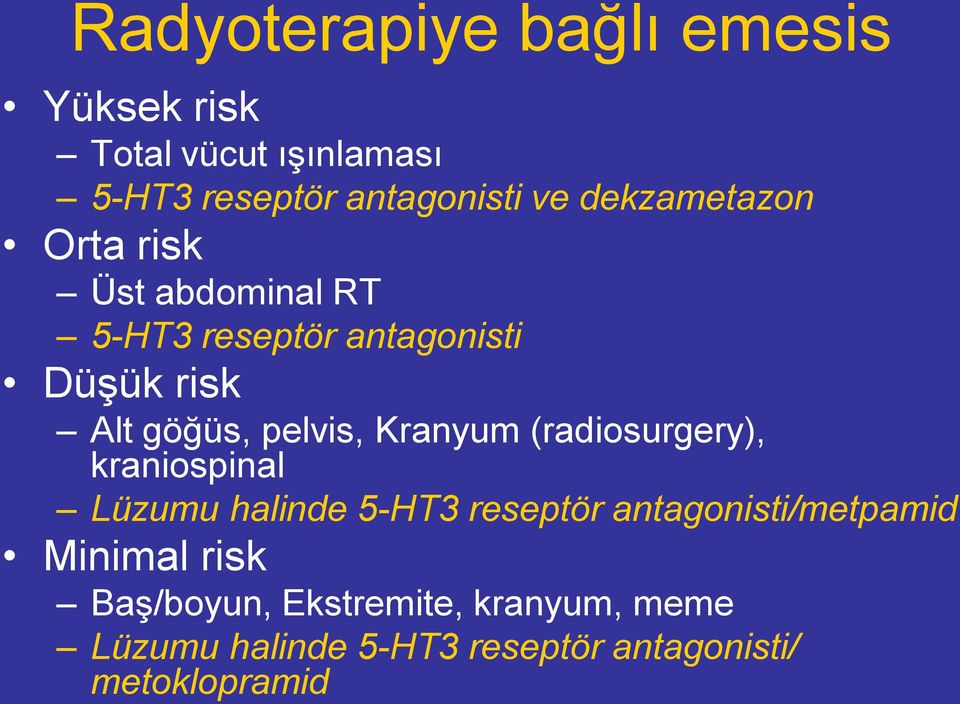 pelvis, Kranyum (radiosurgery), kraniospinal Lüzumu halinde 5-HT3 reseptör antagonisti/metpamid