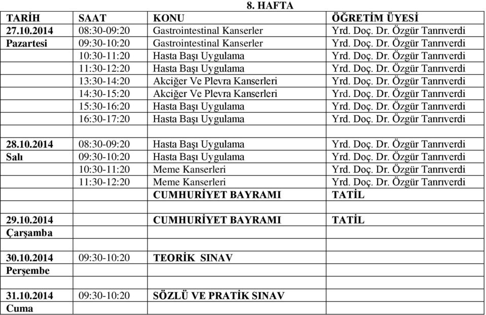 Doç. Dr. Özgür Tanrıverdi 15:30-16:20 Hasta Başı Uygulama Yrd. Doç. Dr. Özgür Tanrıverdi 16:30-17:20 Hasta Başı Uygulama Yrd. Doç. Dr. Özgür Tanrıverdi 28.10.2014 08:30-09:20 Hasta Başı Uygulama Yrd.