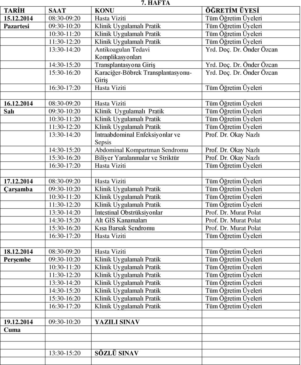 12.2014 08:30-09:20 Hasta i Tüm Öğretim Üyeleri Salı 09:30-10:20 Klinik Uygulamalı Pratik Tüm Öğretim Üyeleri 13:30-14:20 İntraabdominal Enfeksiyonlar ve Prof. Dr.