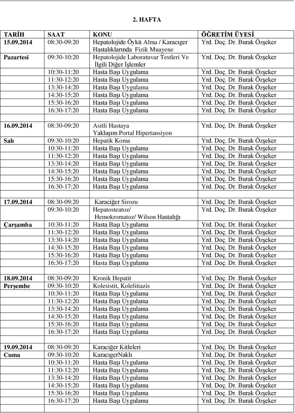 Doç. Dr. Burak Özşeker 16:30-17:20 Hasta Başı Uygulama Yrd. Doç. Dr. Burak Özşeker 16.09.2014 08:30-09:20 Asitli Hastaya Yrd. Doç. Dr. Burak Özşeker Yaklaşım Portal Hipertansiyon Salı 09:30-10:20 Hepatik Koma Yrd.
