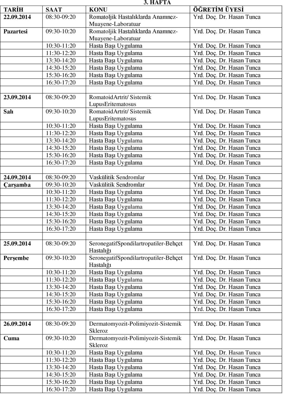 Doç. Dr. Hasan Tunca 16:30-17:20 Hasta Başı Uygulama Yrd. Doç. Dr. Hasan Tunca 23.09.2014 08:30-09:20 RomatoidArtrit/ Sistemik Yrd. Doç. Dr. Hasan Tunca LupusEritematosus Salı 09:30-10:20 RomatoidArtrit/ Sistemik Yrd.