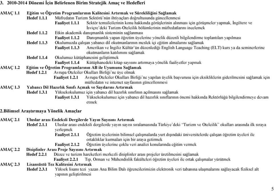 . Sektör temsilcilerinin konu hakkında görüşlerinin alınması için görüşmeler yapmak, İngiltere ve İsviçre deki TurizmOtelcilik bölümlerinin müfredatlarını incelemek Hedef.