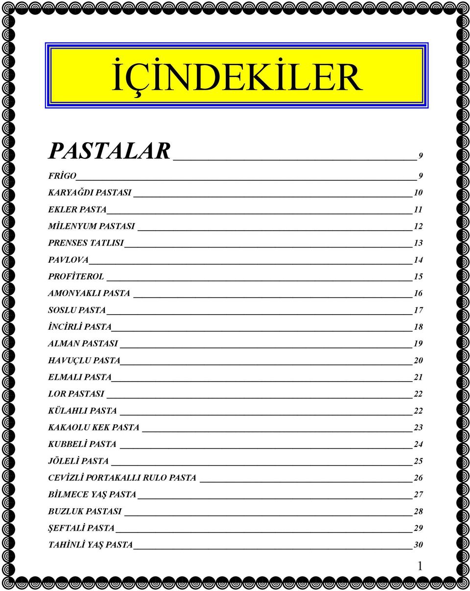 20 ELMALI PASTA 21 LOR PASTASI 22 KÜLAHLI PASTA 22 KAKAOLU KEK PASTA 23 KUBBELİ PASTA 24 JÖLELİ PASTA 25