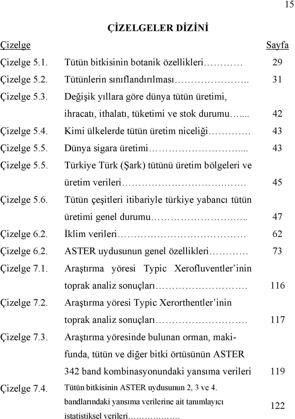 .. 43 Çizelge 5.5. Türkiye Türk (Şark) tütünü üretim bölgeleri ve üretim verileri.. 45 Çizelge 5.6. Tütün çeşitleri itibariyle türkiye yabancı tütün üretimi genel durumu... 47 Çizelge 6.2.