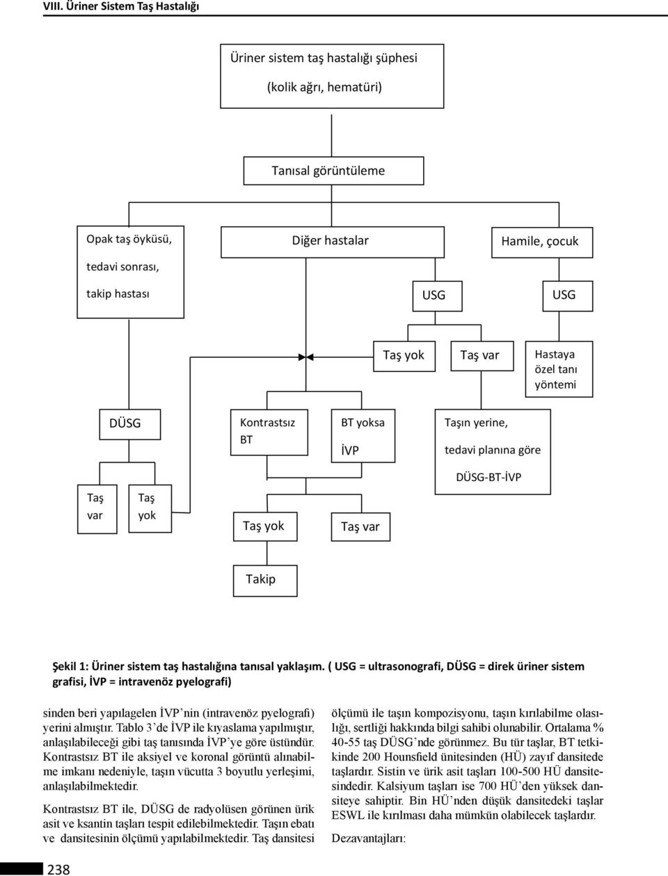 tanısal yaklaşım. ( USG = ultrasonografi, DÜSG = direk üriner sistem grafisi, İVP = intravenöz pyelografi) sinden beri yapılagelen İVP nin (intravenöz pyelografi) yerini almıştır.