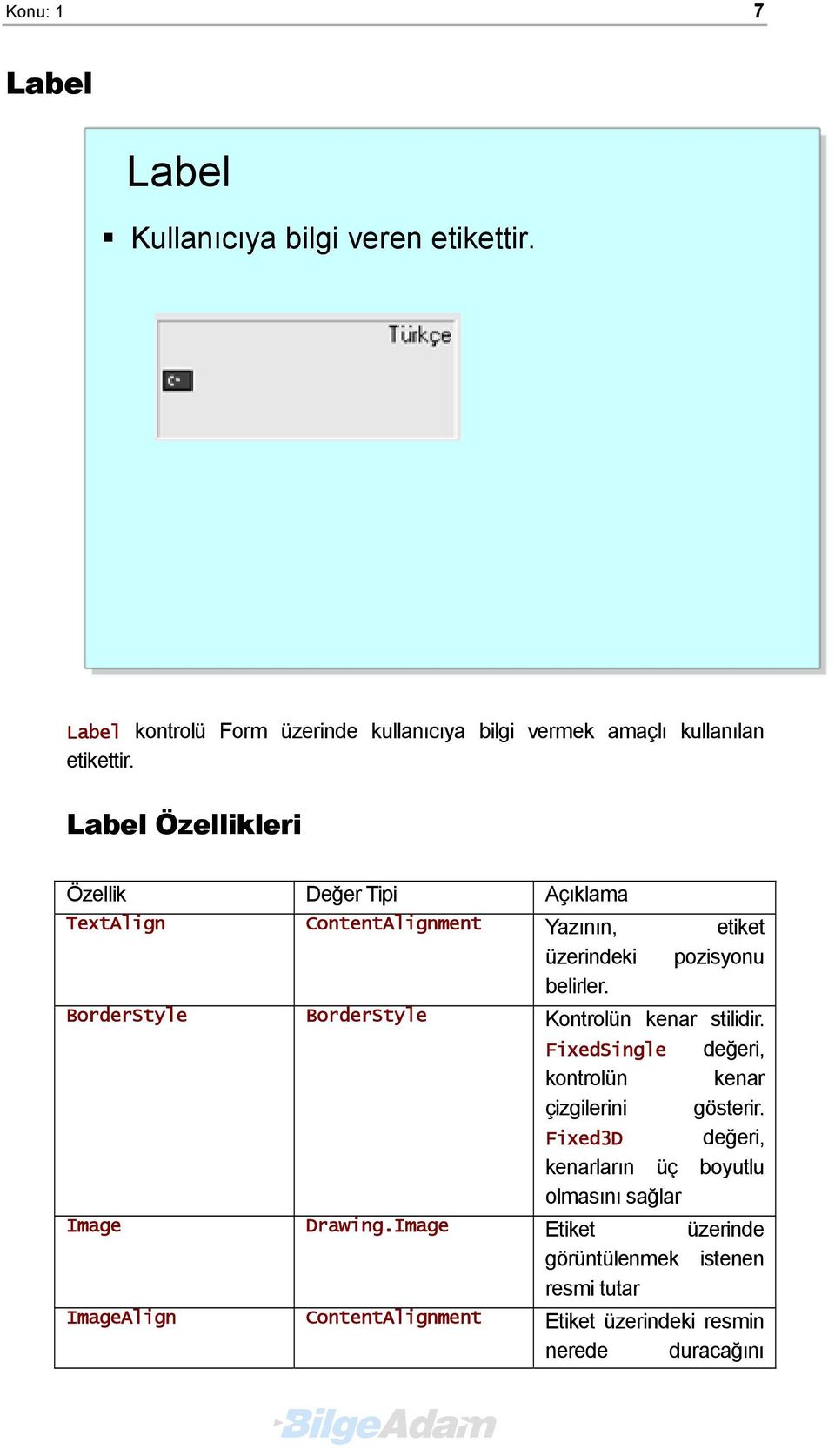 BorderStyle BorderStyle Kontrolün kenar stilidir. FixedSingle değeri, kontrolün kenar çizgilerini gösterir.