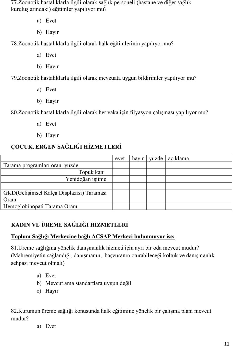 ÇOCUK, ERGEN SAĞLIĞI HİZMETLERİ Tarama programları oranı yüzde Topuk kanı Yenidoğan işitme GKD(Gelişimsel Kalça Displazisi) Taraması Oranı Hemoglobinopati Tarama Oranı evet hayır yüzde açıklama KADIN