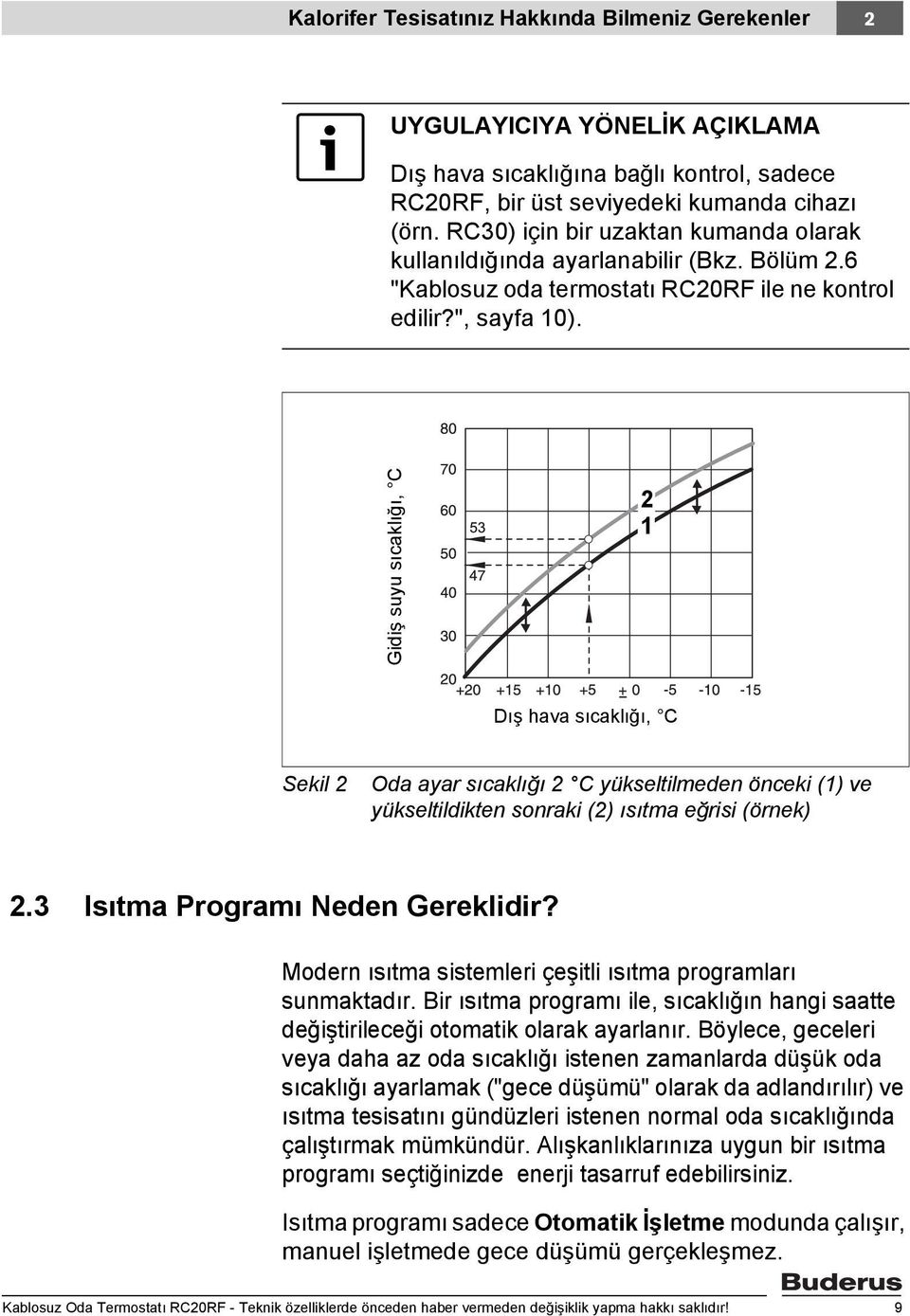 Gidiş suyu sıcaklığı, C 2 1 Dış hava sıcaklığı, C Sekil 2 Oda ayar sıcaklığı 2 C yükseltilmeden önceki (1) ve yükseltildikten sonraki (2) ısıtma eğrisi (örnek) 2.3 Isıtma Programı Neden Gereklidir?