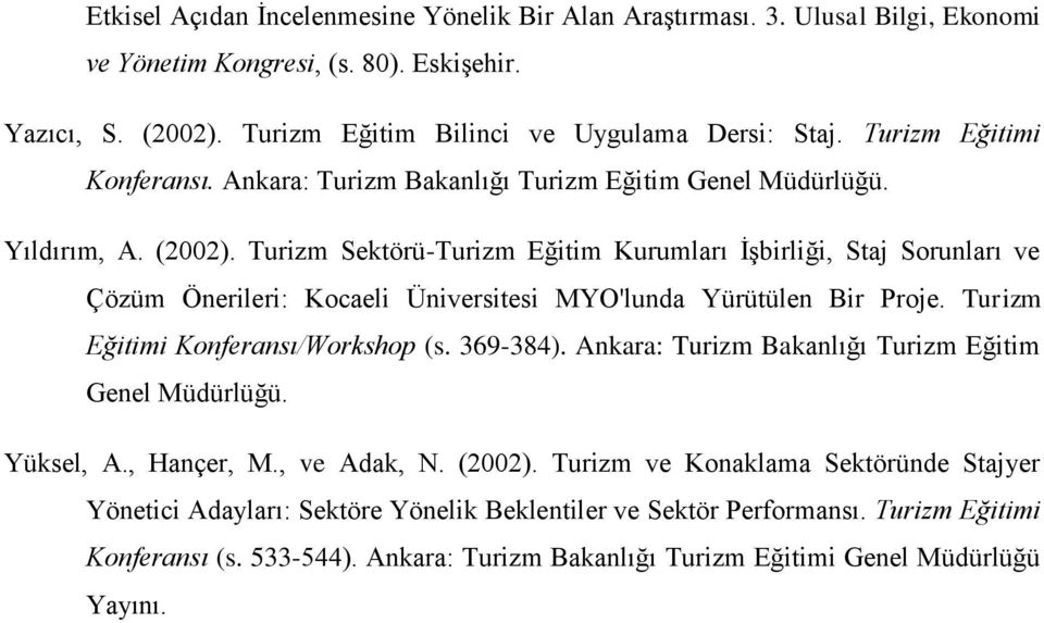 Turizm Sektörü-Turizm Eğitim Kurumları İşbirliği, Staj Sorunları ve Çözüm Önerileri: Kocaeli Üniversitesi MYO'lunda Yürütülen Bir Proje. Turizm Eğitimi Konferansı/Workshop (s. 369-384).