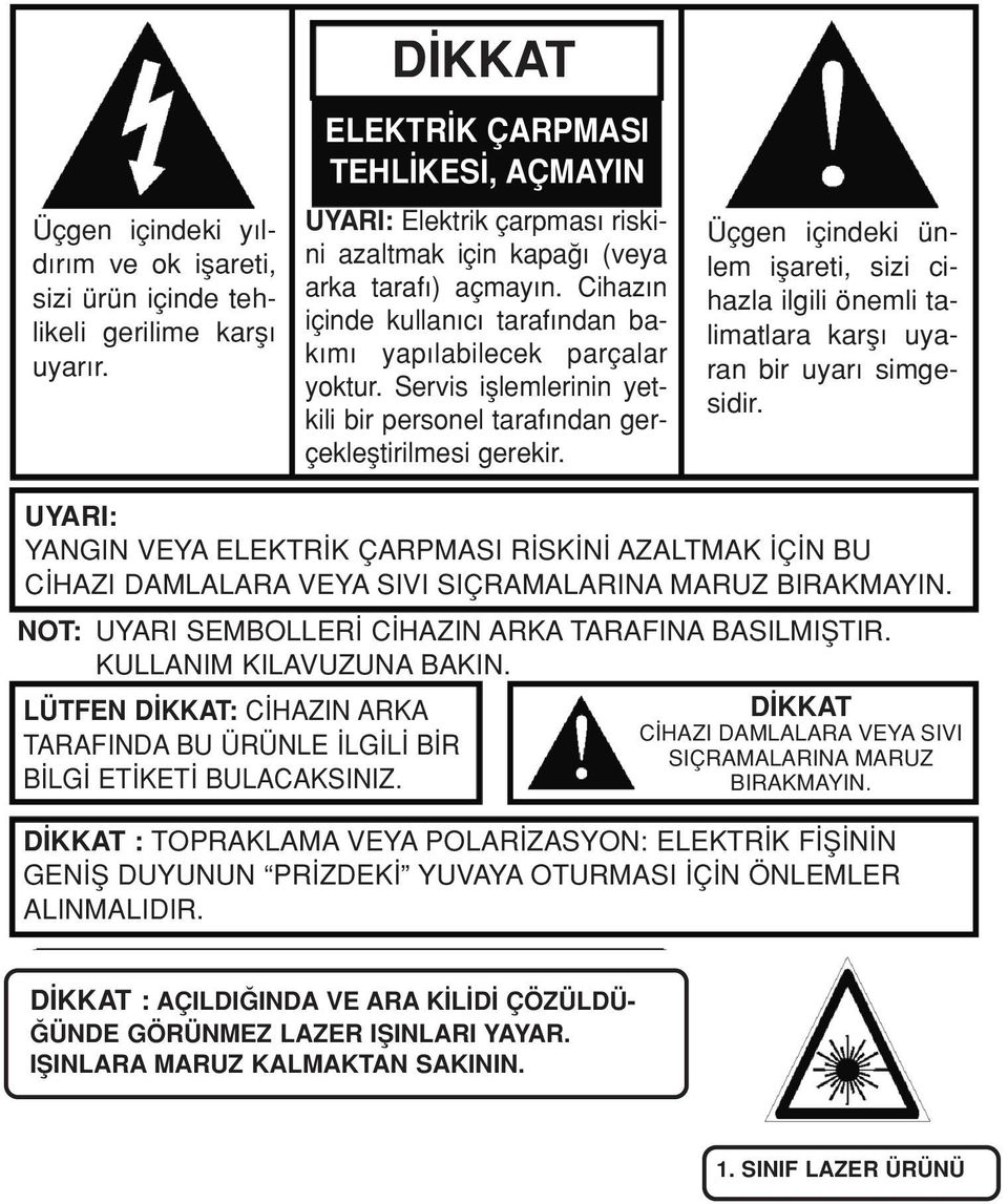 Servis ifllemlerinin yetkili bir personel taraf ndan gerçeklefltirilmesi gerekir. Üçgen içindeki ünlem iflareti, sizi cihazla ilgili önemli talimatlara karfl uyaran bir uyar simgesidir.