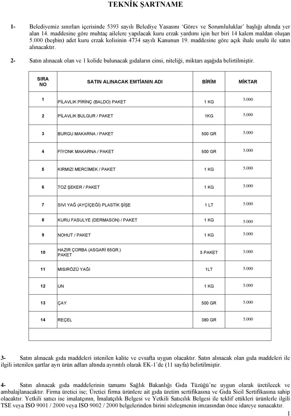 maddesine göre açık ihale usulü ile satın alınacaktır. 2- Satın alınacak olan ve kolide bulunacak gıdaların cinsi, niteliği, miktarı aşağıda belirtilmiştir.