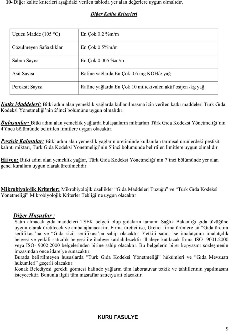 6 mg KOH/g yağ Rafine yağlarda En Çok 0 miliekivalen aktif osijen /kg yağ Katkı Maddeleri: Bitki adını alan yemeklik yağlarda kullanılmasına izin verilen katkı maddeleri Türk Gıda Kodeksi Yönetmeliği