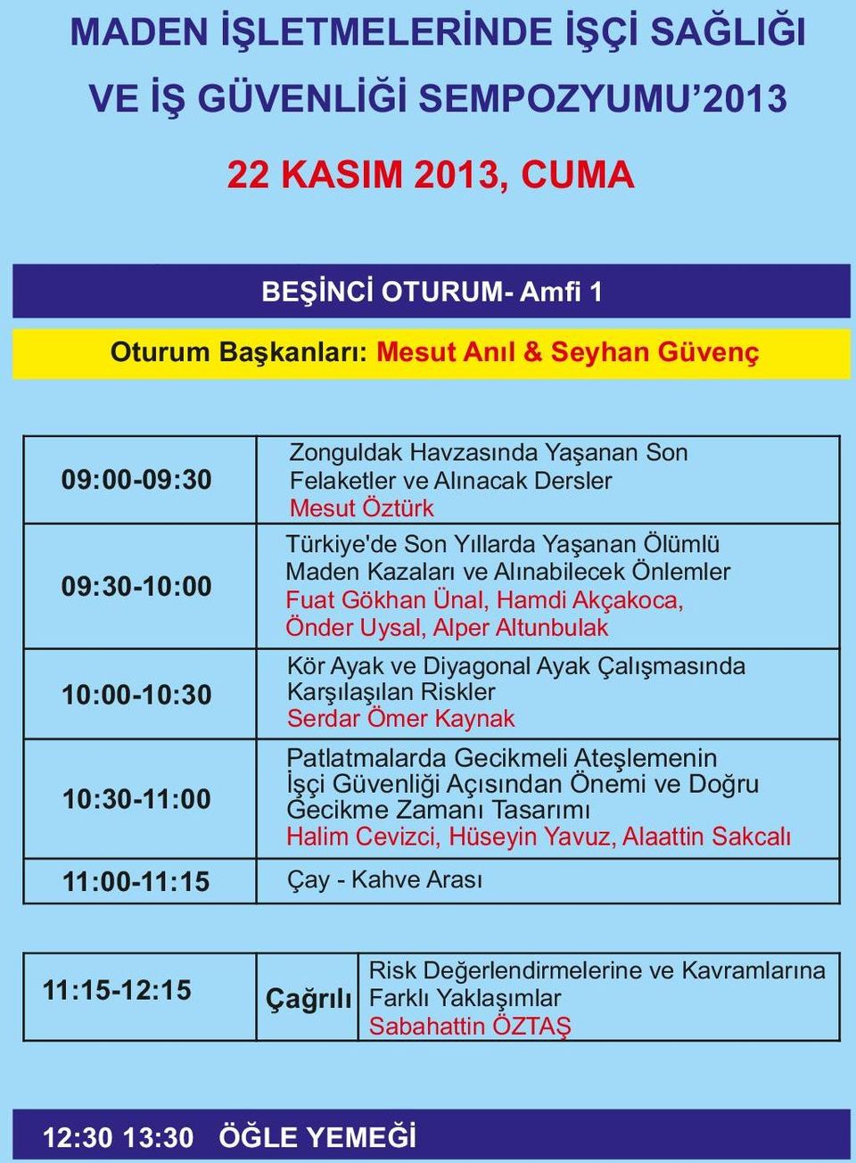 10:00-10:30 Kör Ayak ve Diyagonal Ayak Çalışmasında Karşılaşılan Riskler Serdar Ömer Kaynak 10:30-11:00 Patlatmalarda Gecikmeli Ateşlemenin İşçi Güvenliği Açısından Önemi ve Doğru Gecikme Zamanı