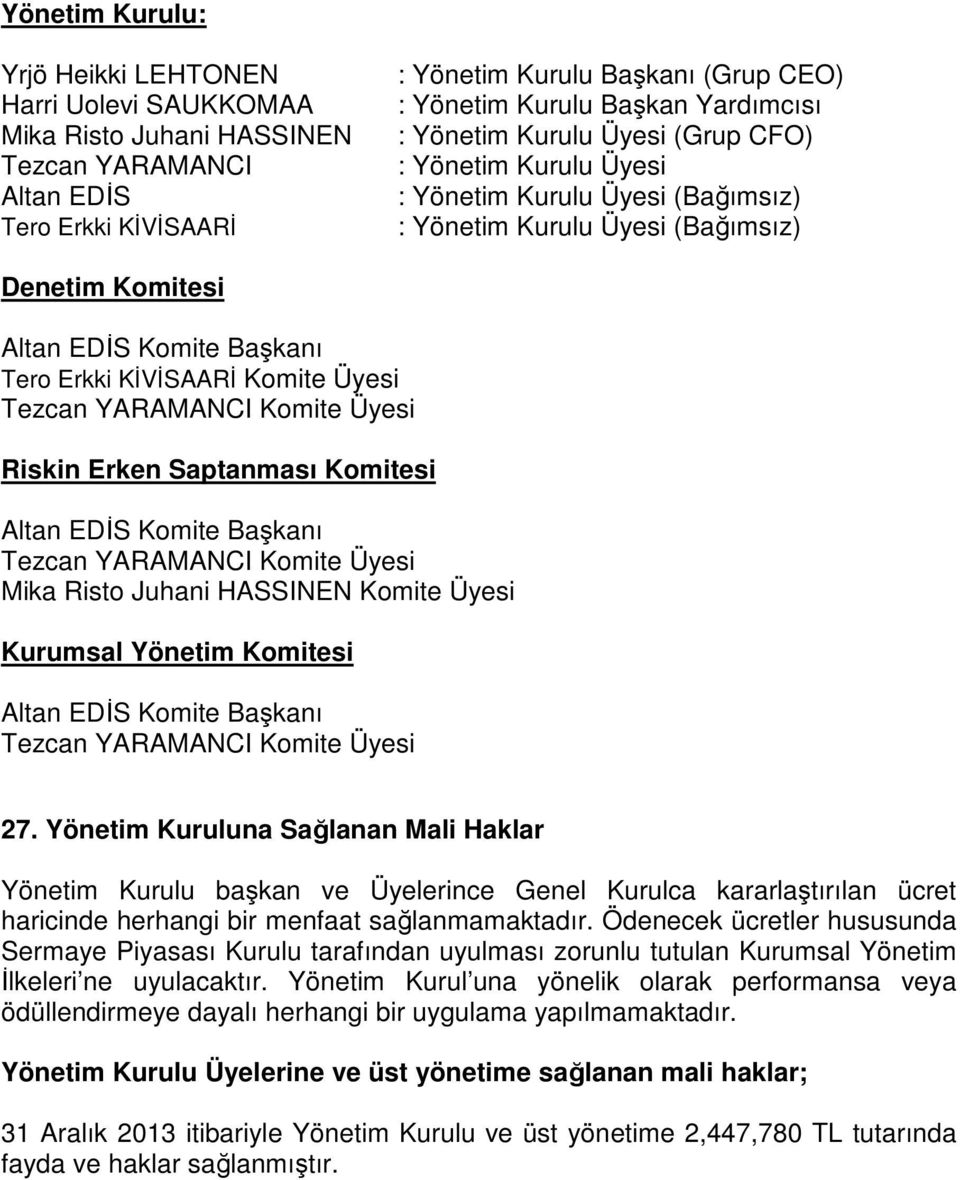 Komite Üyesi Tezcan YARAMANCI Komite Üyesi Riskin Erken Saptanması Komitesi Altan EDİS Komite Başkanı Tezcan YARAMANCI Komite Üyesi Mika Risto Juhani HASSINEN Komite Üyesi Kurumsal Yönetim Komitesi