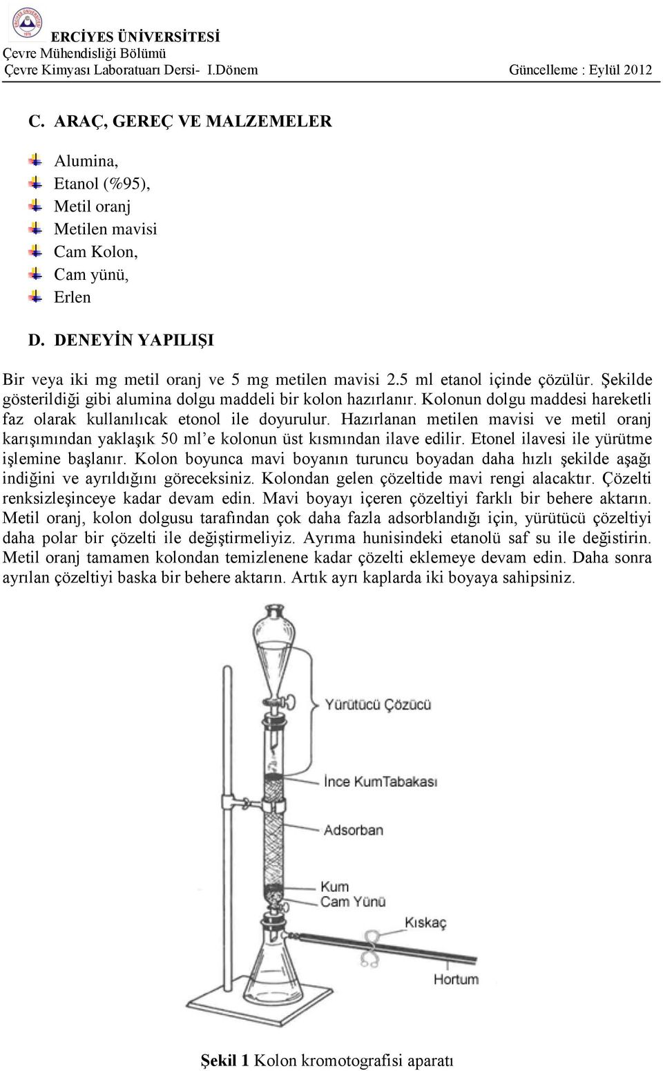 Hazırlanan metilen mavisi ve metil oranj karışımından yaklaşık 50 ml e kolonun üst kısmından ilave edilir. Etonel ilavesi ile yürütme işlemine başlanır.