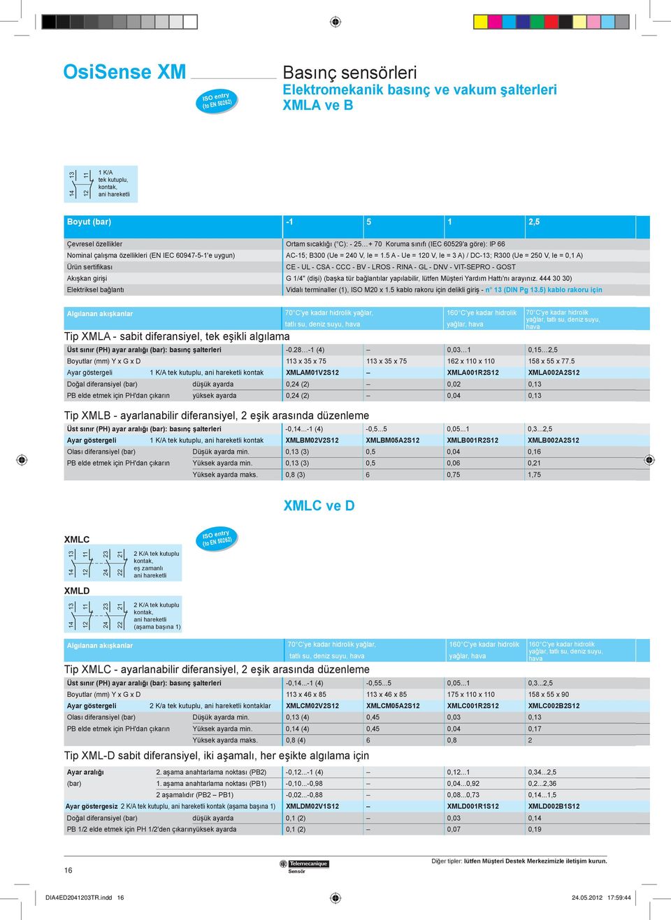 5 A - Ue = 120 V, Ie = 3 A) / DC-13; R300 (Ue = 250 V, Ie = 0,1 A) Ürün sertifikası CE - UL - CSA - CCC - BV - LROS - RINA - GL - DNV - VIT-SEPRO - GOST Akışkan girişi G 1/4" (dişi) (başka tür