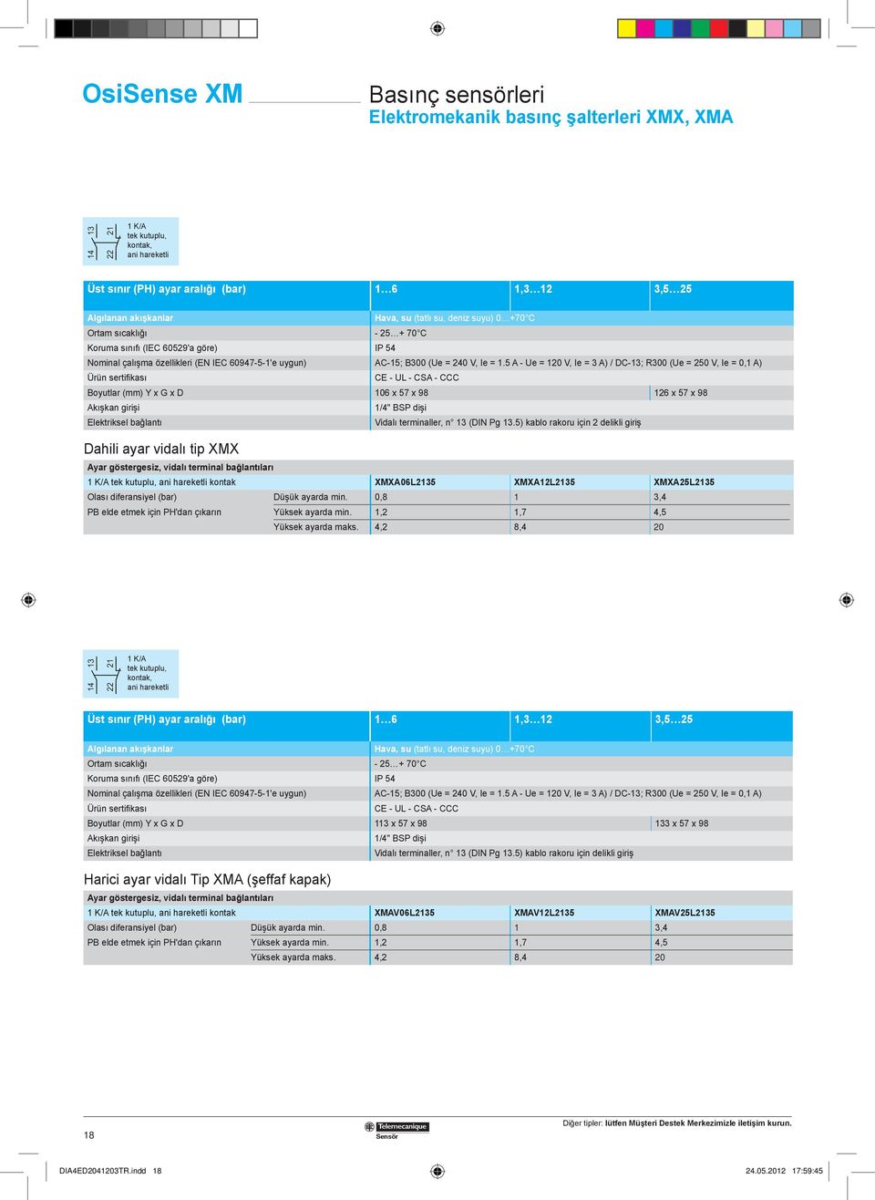 5 A - Ue = 120 V, Ie = 3 A) / DC-13; R300 (Ue = 250 V, Ie = 0,1 A) Ürün sertifikası CE - UL - CSA - CCC Boyutlar (mm) Y x G x D 106 x 57 x 98 126 x 57 x 98 Akışkan girişi 1/4" BSP dişi Elektriksel