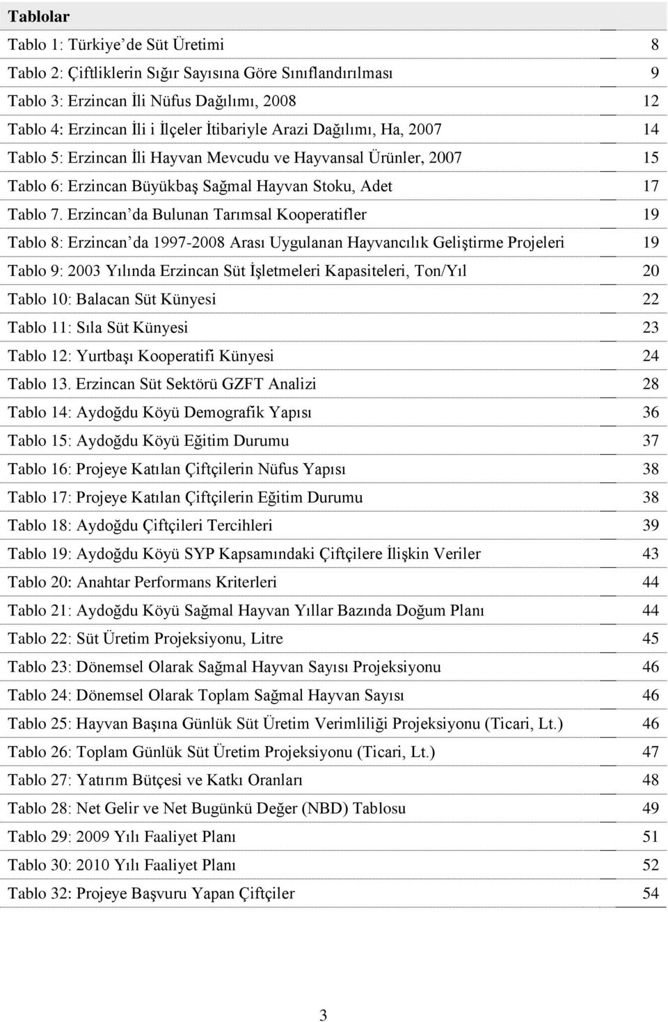 Erzincan da Bulunan Tarımsal Kooperatifler 19 Tablo 8: Erzincan da 1997-2008 Arası Uygulanan Hayvancılık Geliştirme Projeleri 19 Tablo 9: 2003 Yılında Erzincan Süt İşletmeleri Kapasiteleri, Ton/Yıl