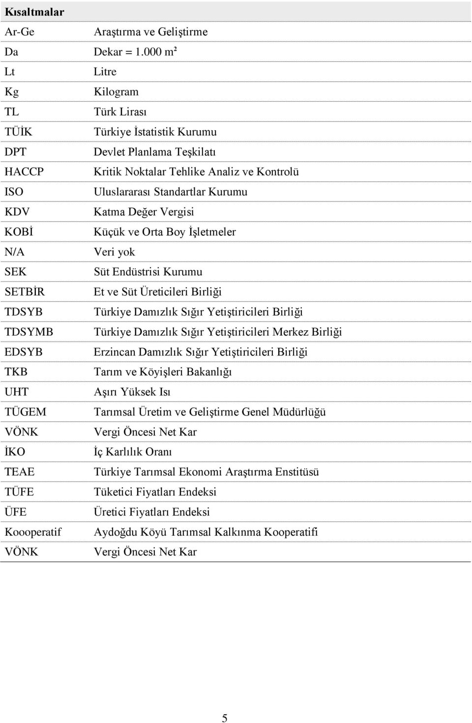 Değer Vergisi KOBİ Küçük ve Orta Boy İşletmeler N/A Veri yok SEK Süt Endüstrisi Kurumu SETBİR Et ve Süt Üreticileri Birliği TDSYB Türkiye Damızlık Sığır Yetiştiricileri Birliği TDSYMB Türkiye