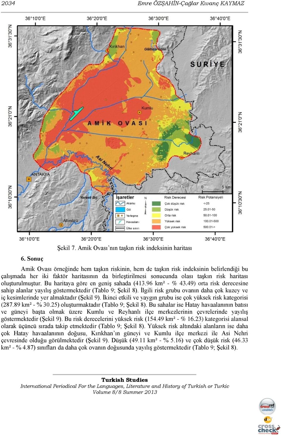 sonucunda olası taşkın risk haritası oluşturulmuştur. Bu haritaya göre en geniş sahada (413.96 km² - % 43.49) orta risk derecesine sahip alanlar yayılış göstermektedir (Tablo 9; Şekil 8).