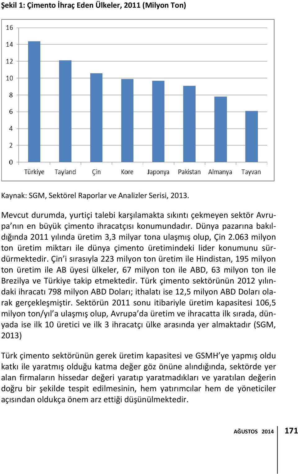 Dünya pazarına bakıldığında 2011 yılında üretim 3,3 milyar tona ulaşmış olup, Çin 2.063 milyon ton üretim miktarı ile dünya çimento üretimindeki lider konumunu sürdürmektedir.