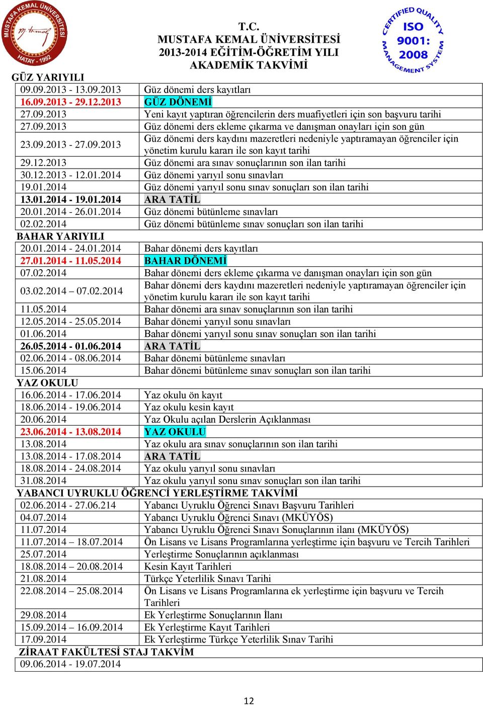 12.2013 Güz dönemi ara sınav sonuçlarının son ilan tarihi 30.12.2013-12.01.2014 Güz dönemi yarıyıl sonu sınavları 19.01.2014 Güz dönemi yarıyıl sonu sınav sonuçları son ilan tarihi 13.01.2014-19.01.2014 ARA TATĠL 20.